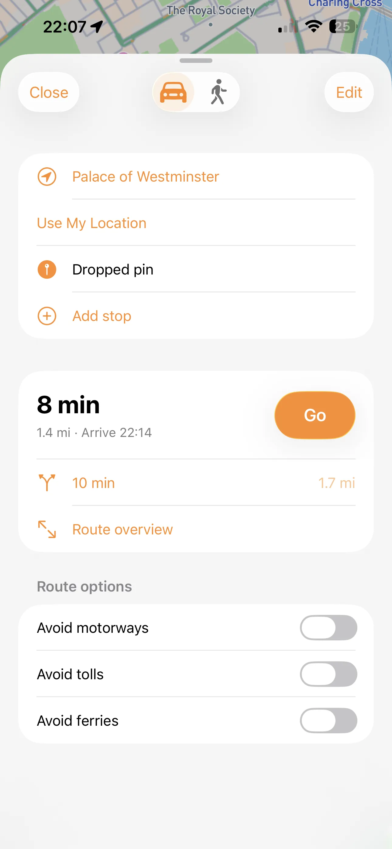 Arc README screenshot with walking directions to Westminster