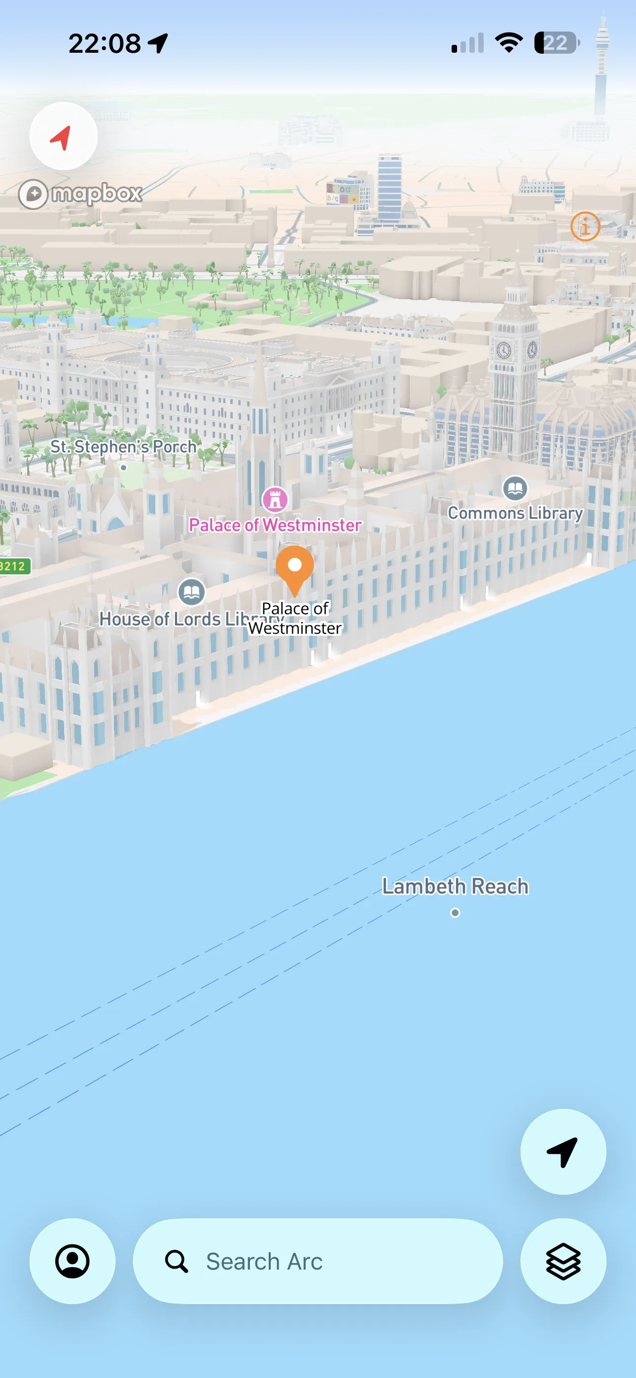 Arc README screenshot showing a 3D map of Westminster and native search controls
