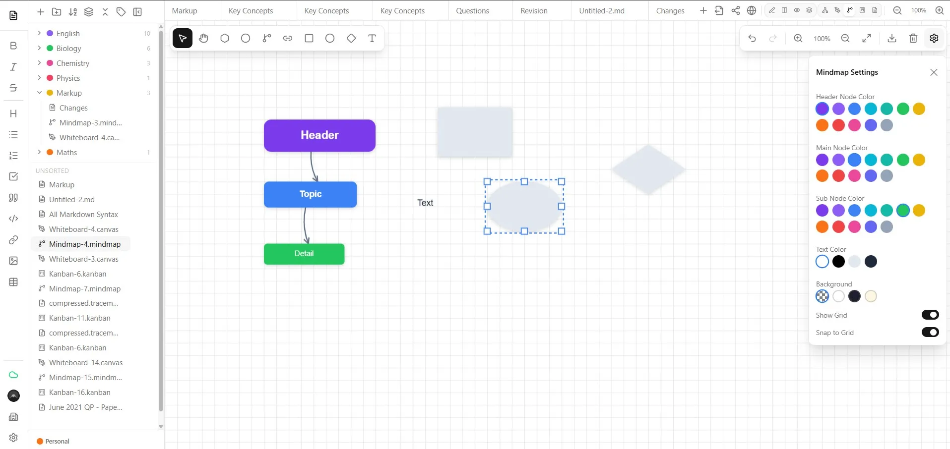 Markup’s mind map workspace with connected notes and drawing tools