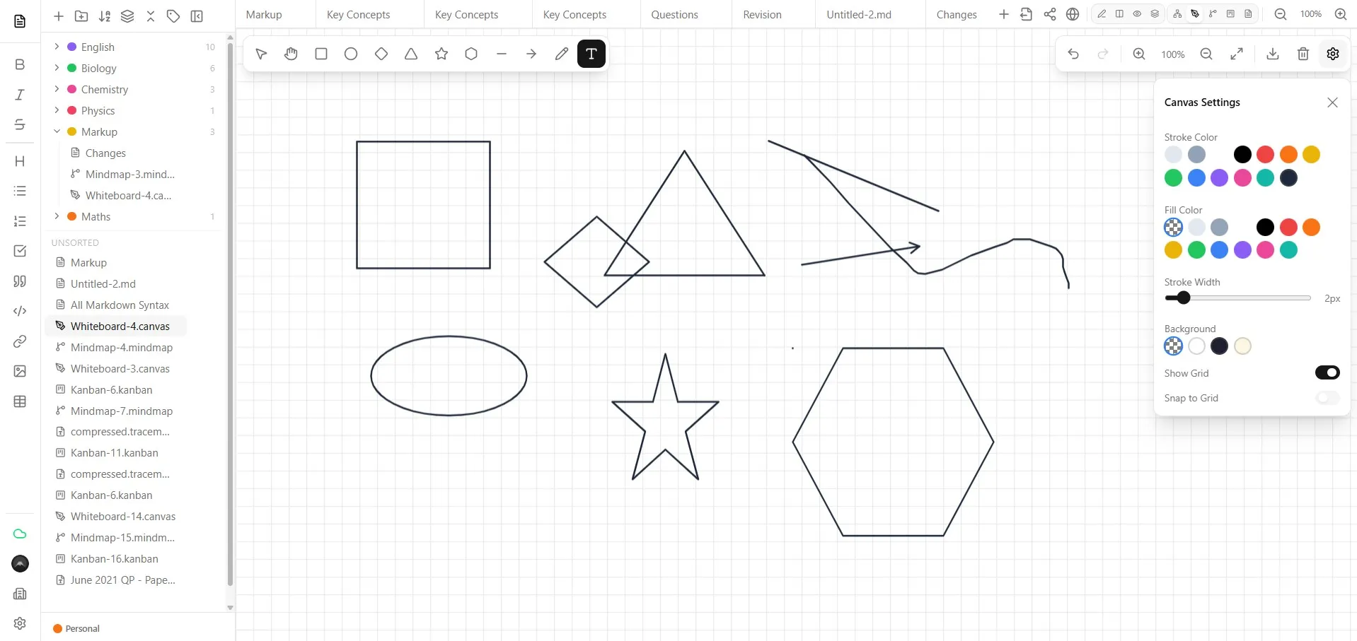 Markup whiteboard with drawing tools, shapes and canvas settings